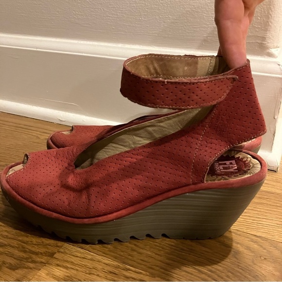 Fly London Shoes - FLY London Red Yala Perforated Peep toe Wedge Shoes - 38 Velcro